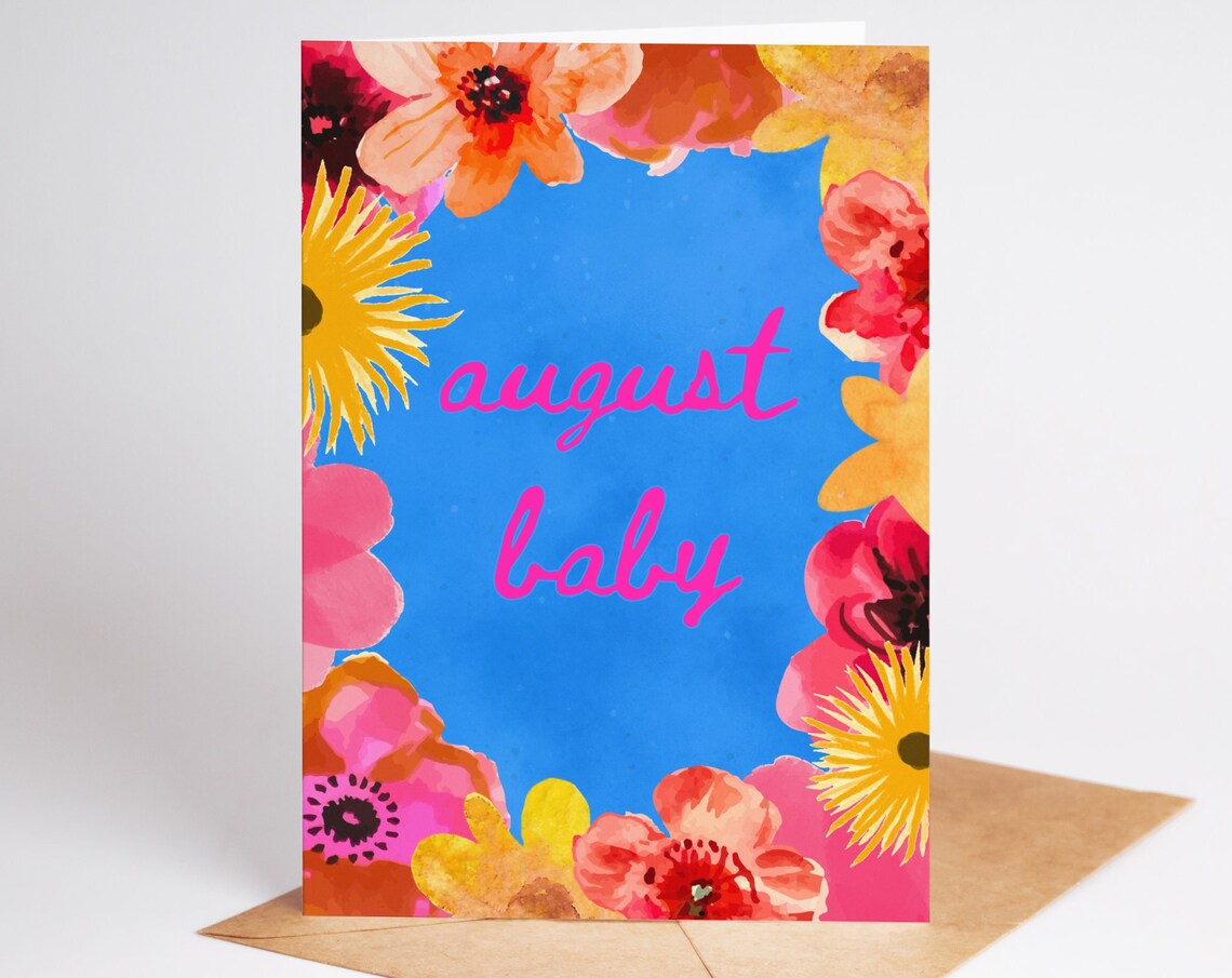 August Baby Floral Watercolor Birthday Greeting Card Gift Print