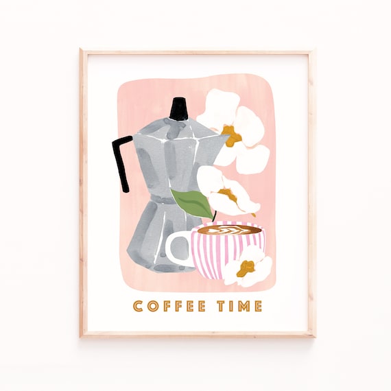 Coffee Poster Print, Girly Kitchen Floral Art