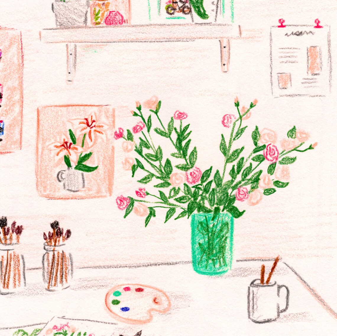 Artist Studio Desk Sketch Watercolor Paint Brushes Still Life Wall Art - Image 2