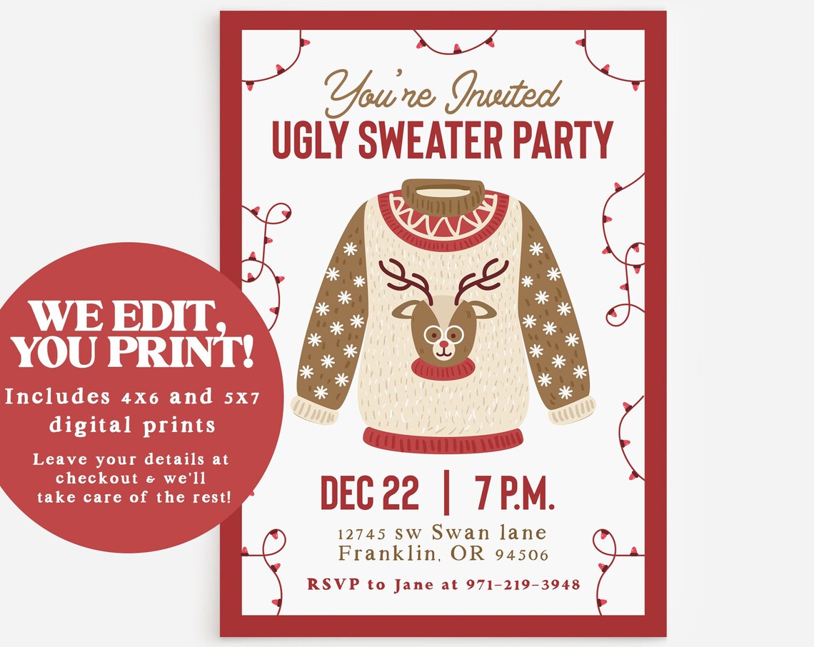 Ugly Sweater Party Reindeer Red Christmas Invitation Template Print