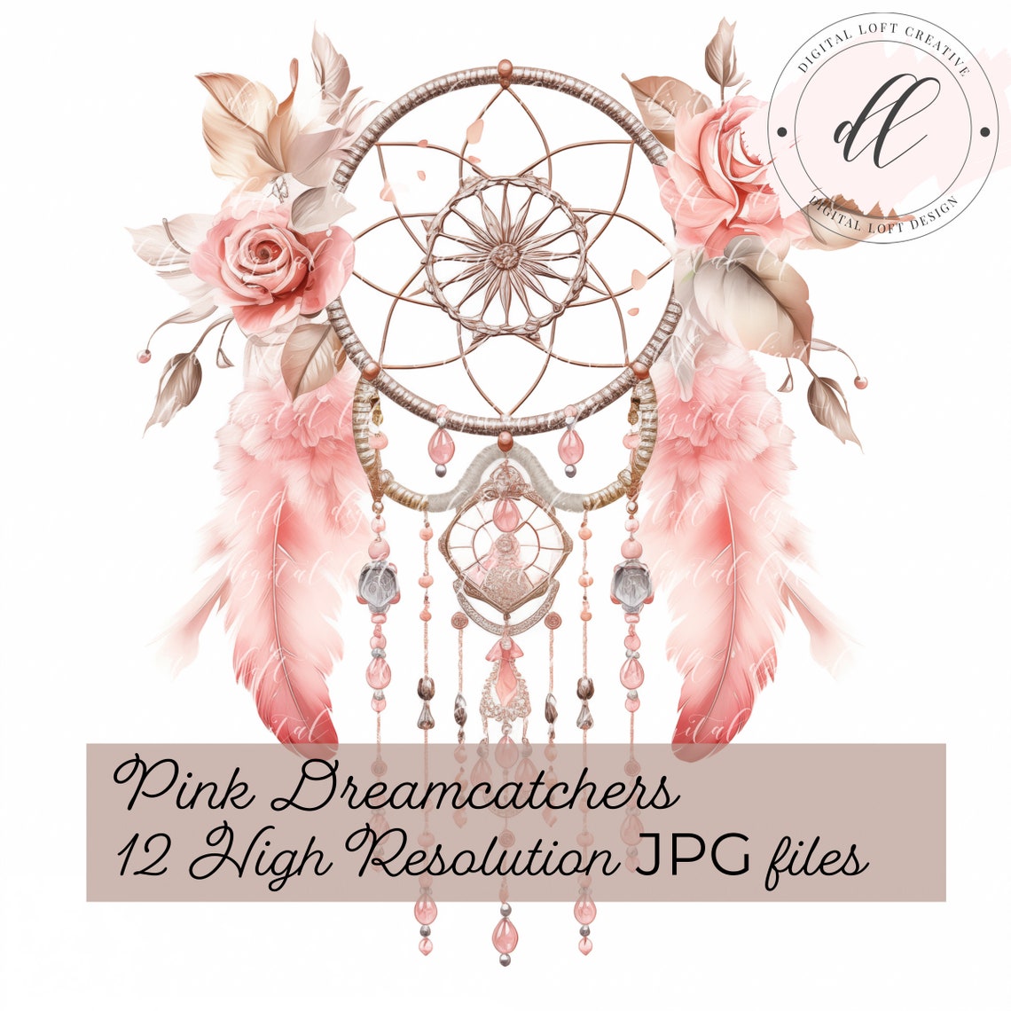 Pink Dreamcatcher with Roses and Feathers Watercolor Boho Poster