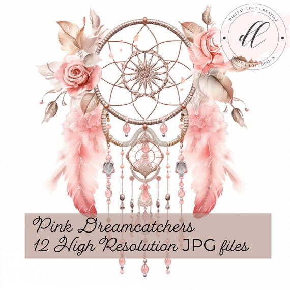 Pink Dreamcatcher with Roses and Feathers Watercolor Boho Poster