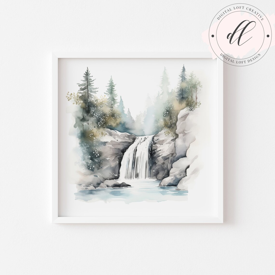 Watercolor Forest Waterfall Art Print, Tranquil Landscape - Image 2