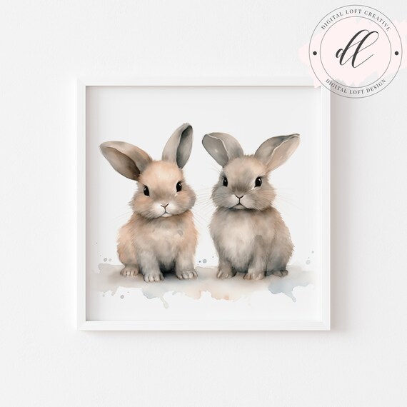 Adorable Two Baby Bunnies Watercolor Pair Nursery Art Poster