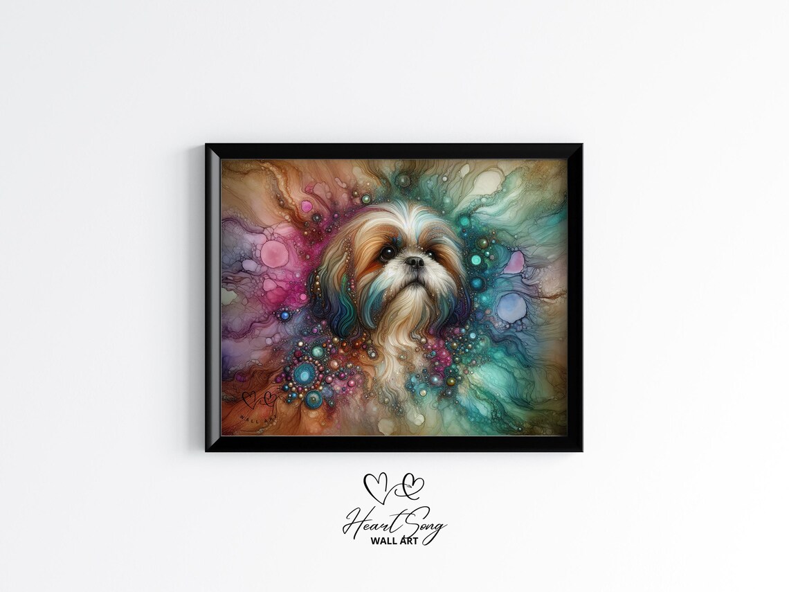 Sweet Shih Tzu Portrait Surrounded by Vibrant Pink Ink Swirls Wall Art