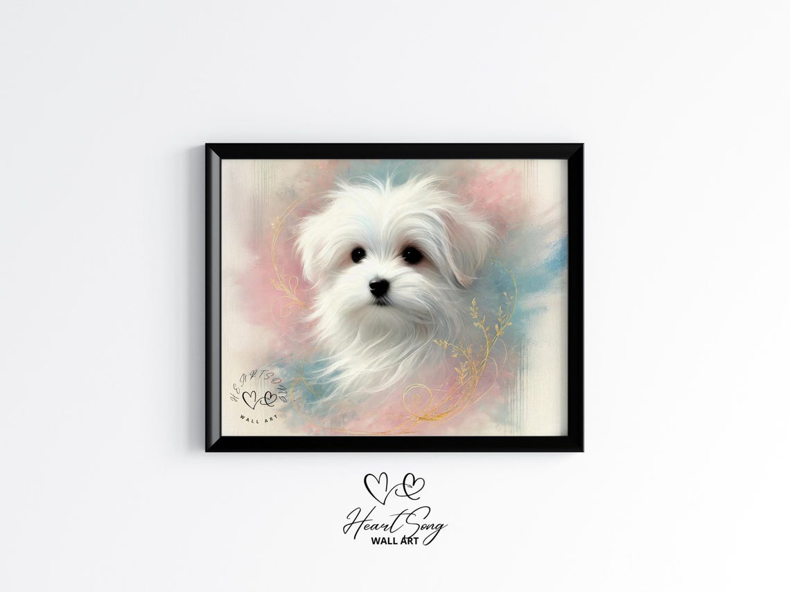 White Fluffy Lap Dog Watercolor Portrait Romantic Pastel Pet Poster