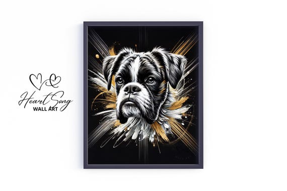 Boxer Dog Art Moody Black And Gold Portrait Vintage Pet Print Stylish Animal Wall Elegant Decor 344