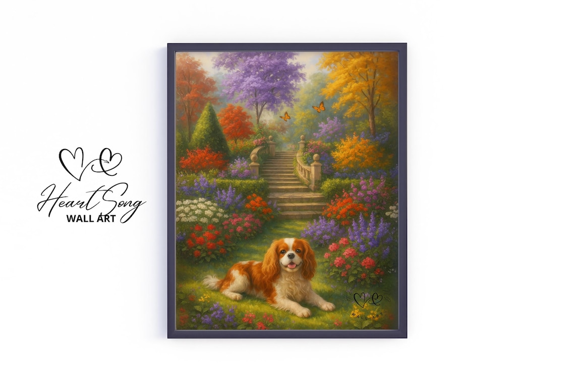 Smiling Cavalier King Charles Spaniel In Colorful Autumn Garden Art Poster
