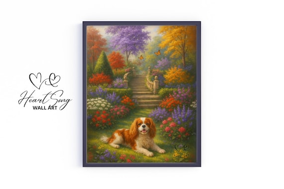 Smiling Cavalier King Charles Spaniel In Colorful Autumn Garden Art Poster