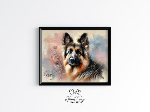 German Shepherd Watercolor Art Moody Dog Portrait Vintage Pet Wall Print Warm Neutral Country Decor Painting 574
