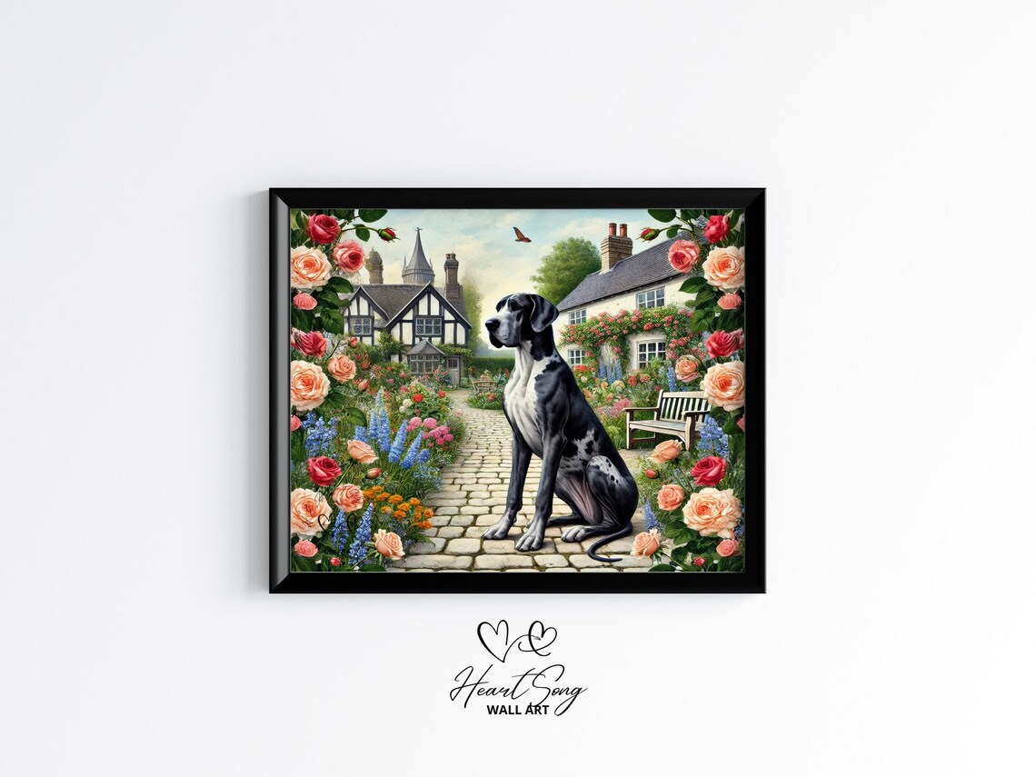 Majestic Great Dane Cottage Garden Floral Vintage Country Dog Poster