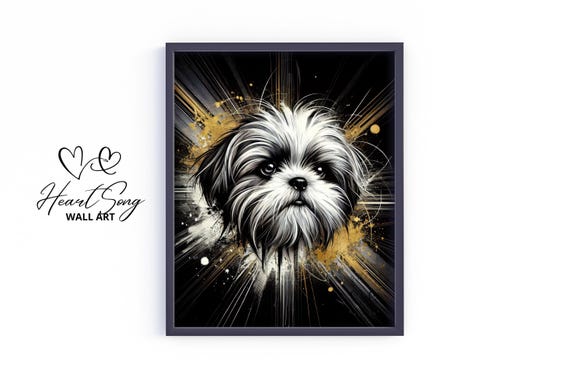 Shih Tzu Dog Art Moody Black And Gold Pet Portrait Vintage Stylish Print Elegant Animal Decor 364