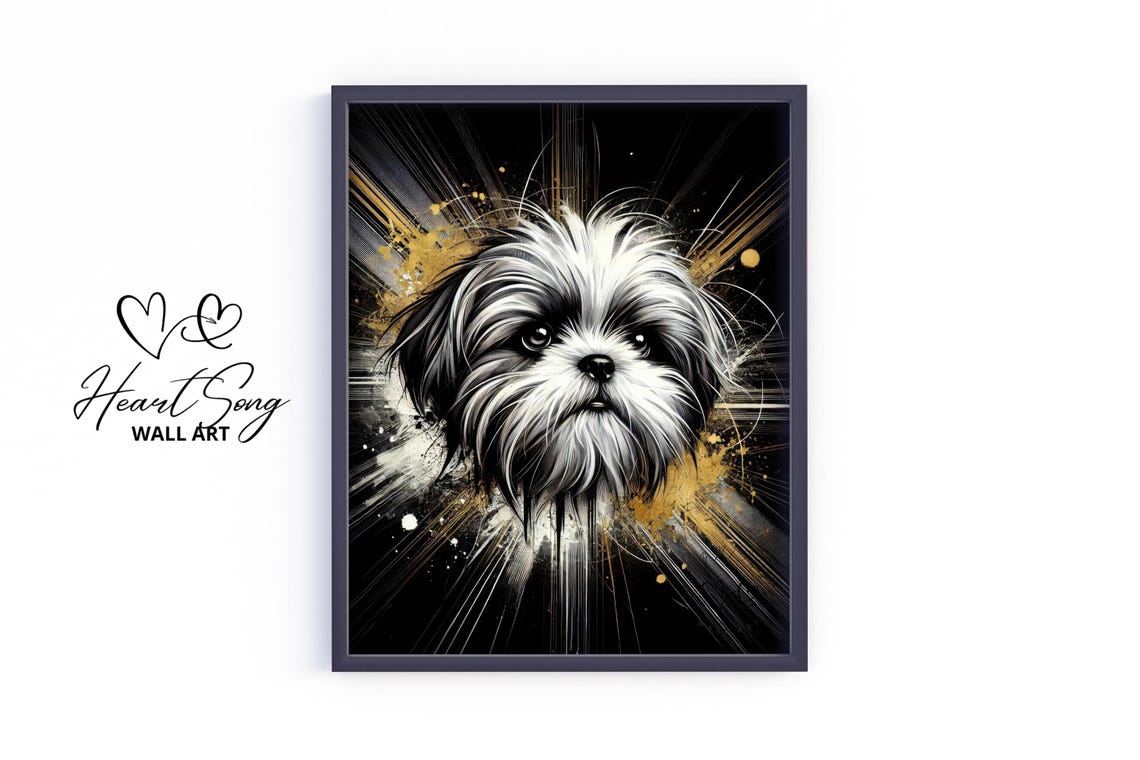 Modern Shih Tzu Black and Gold Elegant Stylish Dog Portrait Poster