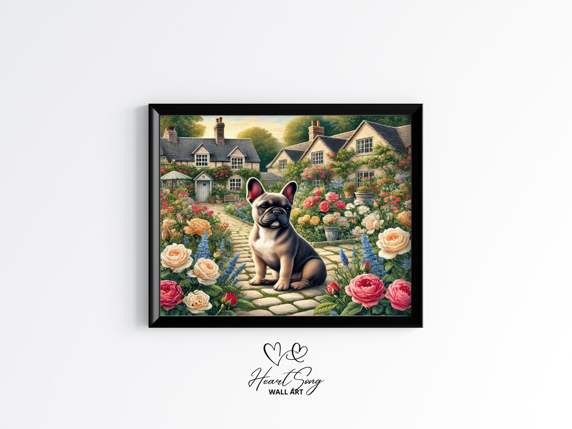 French Bulldog Cottage Garden Floral Vintage Country Wall Art