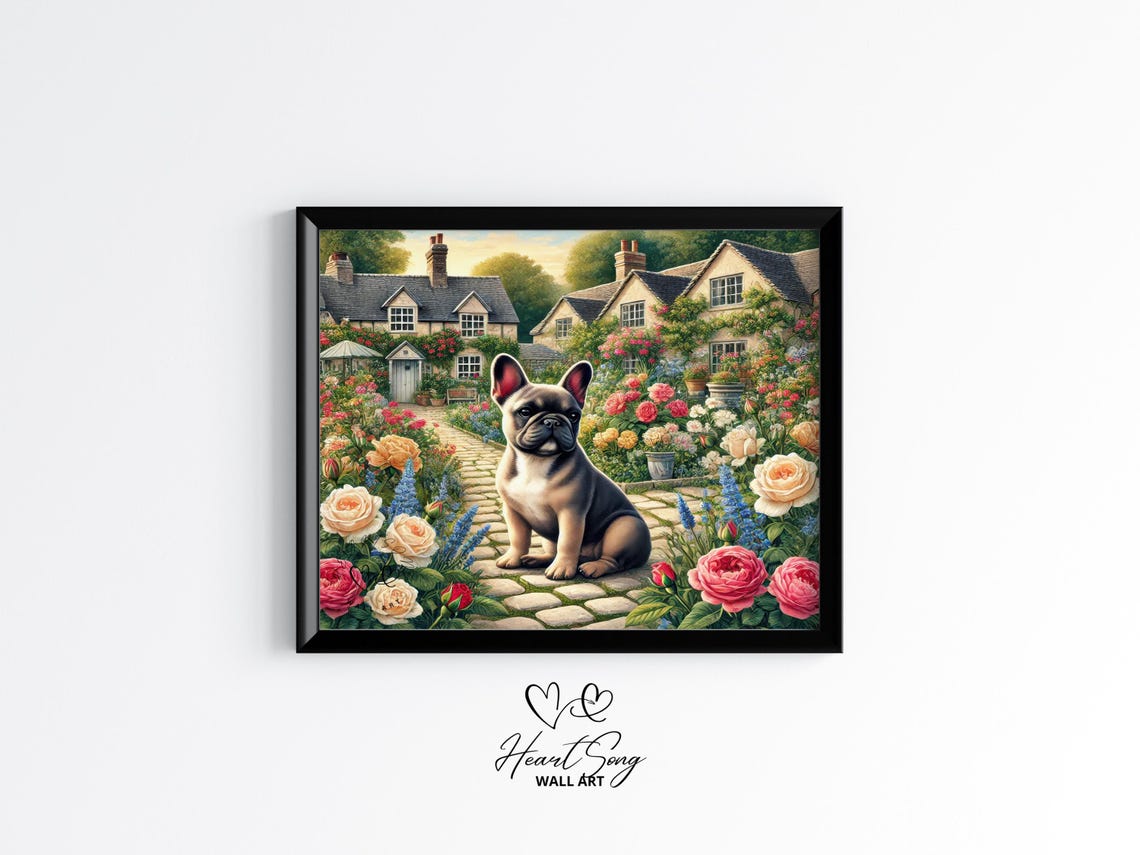 French Bulldog Dog Wall Art Vintage Cottage Garden Floral Painting Rustic Farmhouse Country Decor Print 125