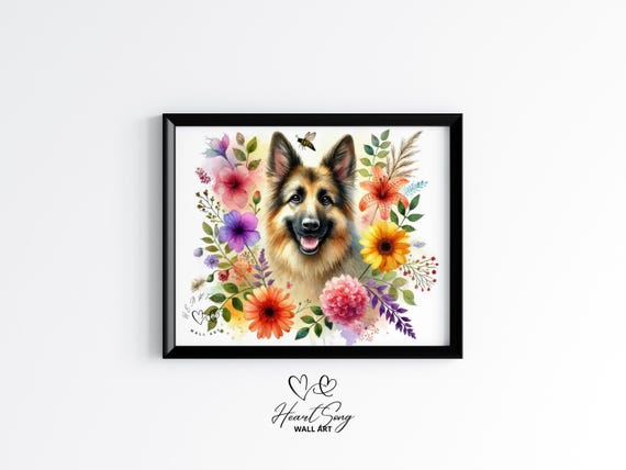 German Shepherd Floral Dog Art Elegant Botanical Wall Print Natureinspired Pet Painting Warm Summer Decor 73
