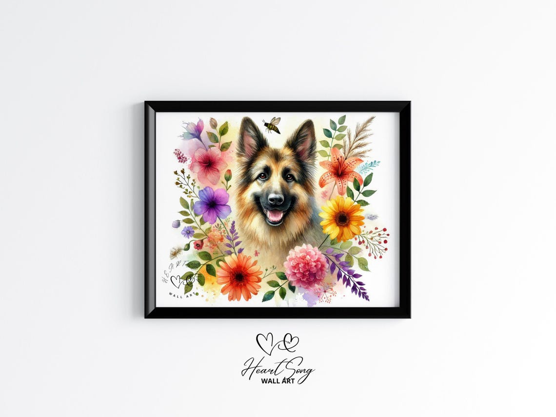 German Shepherd Floral Dog Art Elegant Botanical Wall Print Natureinspired Pet Painting Warm Summer Decor 73