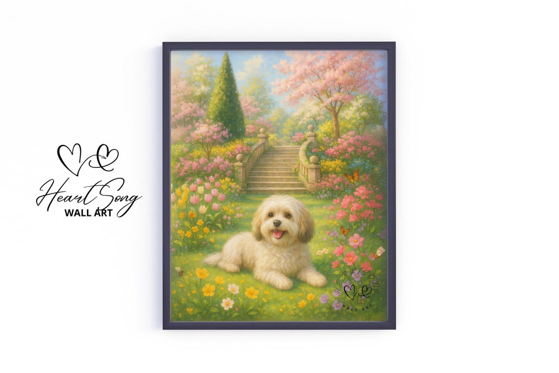 Havanese Dog in Serene Spring Bloom Garden Stairs Painting Poster