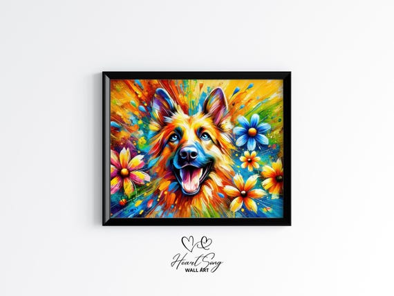 German Shepherd Dog Wall Art Energetic Abstract Painting Colorful Pet Portrait Unique Animal Decor 98