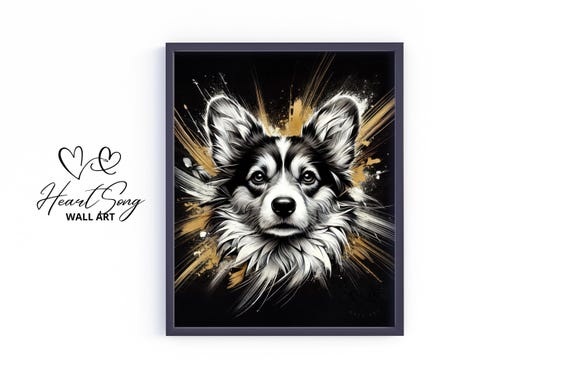 Corgi Dog Wall Art Moody Black And Gold Pet Portrait Vintage Stylish Print Elegant Animal Decor 351
