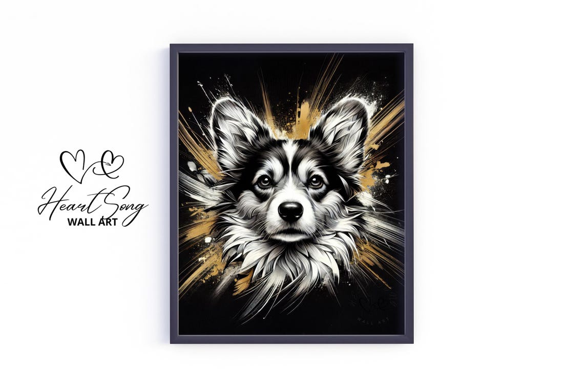 Stylish Corgi Dog Portrait Black Gold Splash Vintage Art Poster