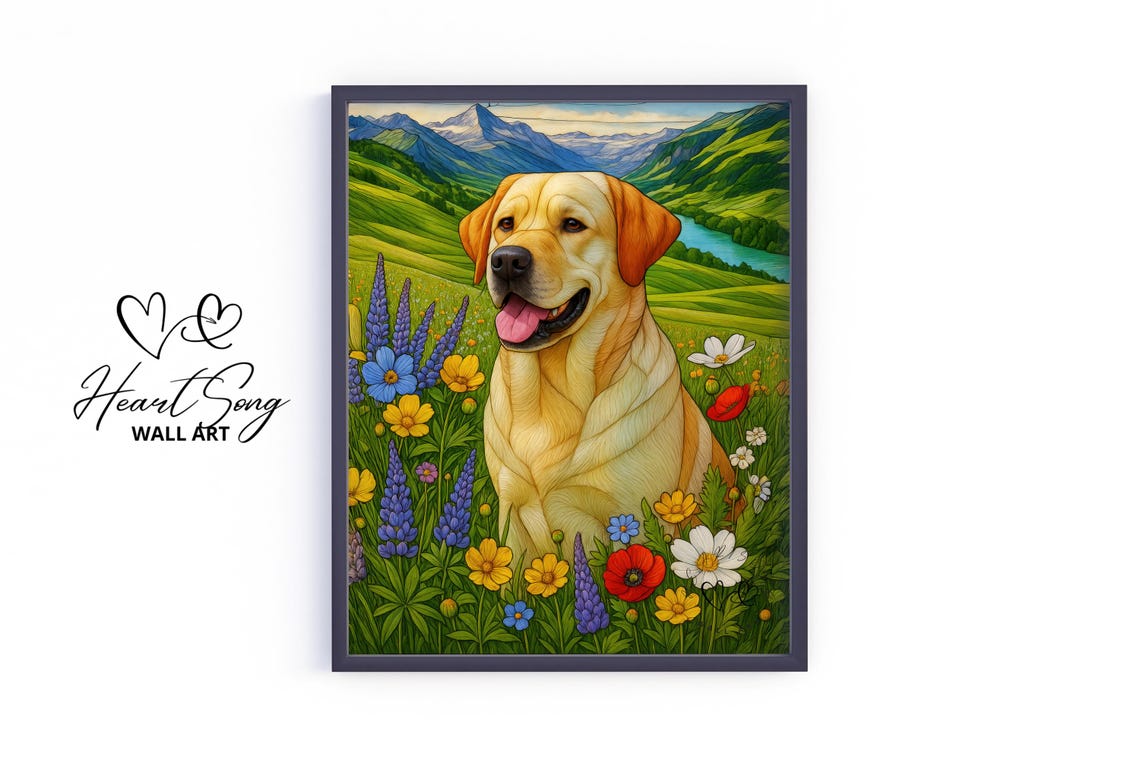 Yellow Labrador Retriever Wildflower Meadow Mountain View Poster