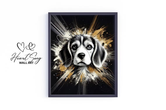 Beagle Dog Wall Art Moody Black And Gold Pet Portrait Vintage Artwork Elegant Print For Home Decor 343