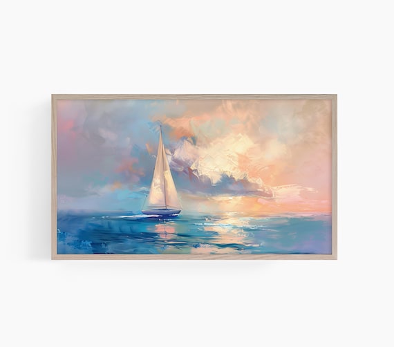 Pastel Sailboat Gliding Under Sunset Sky Ocean Seascape Painting Poster