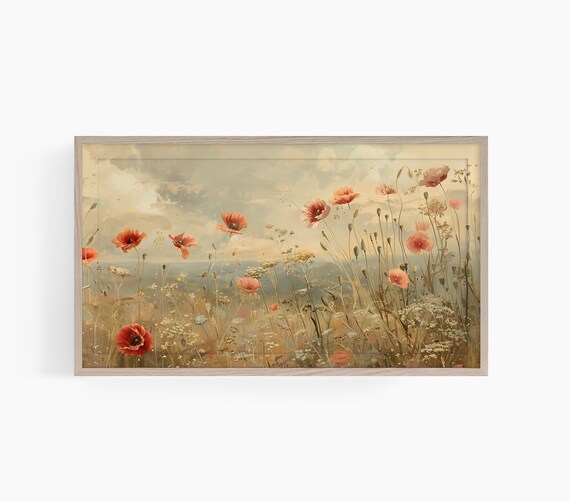 Red Poppies Coastal Meadow Vintage Summer Flower Field Wall Art