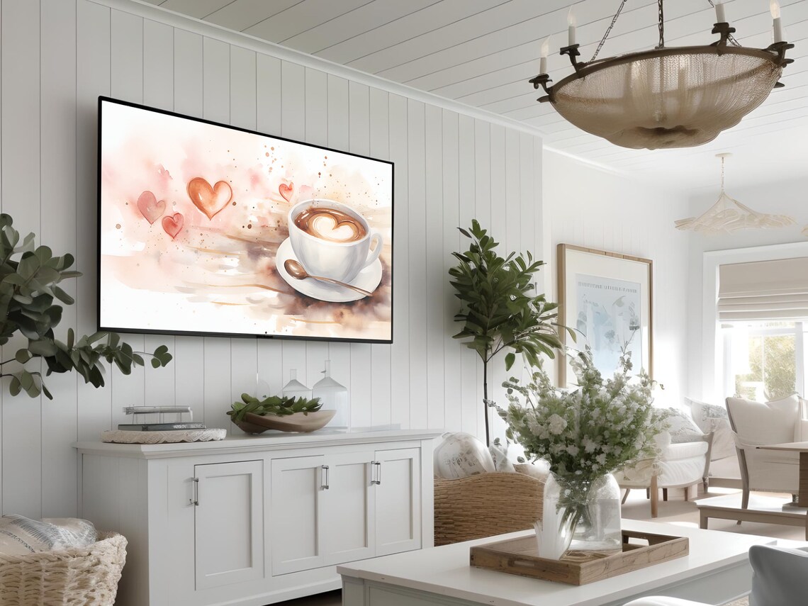 Love And Coffee Watercolor Cup Heart Latte Art Cozy Wall Art - Image 2