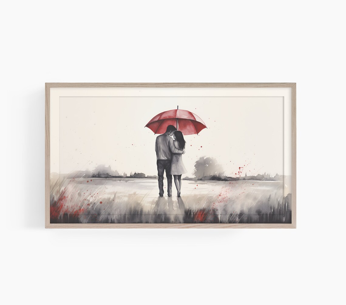 Couple Under Red Umbrella Rainy Day Romantic Watercolor Poster