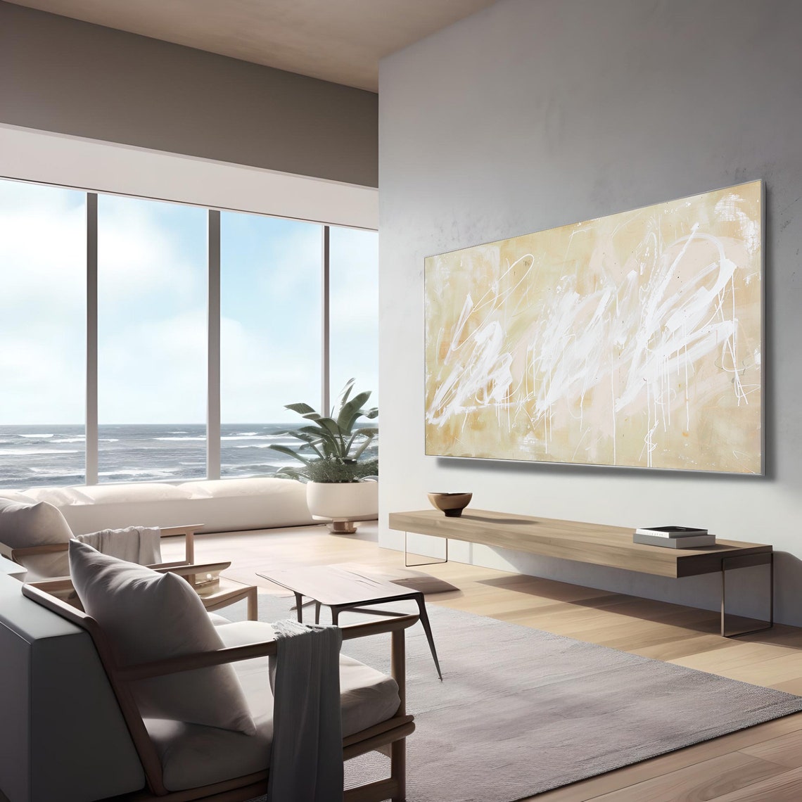 White Gestural Abstract Strokes Beige Minimalist Modern Art Poster - Image 2