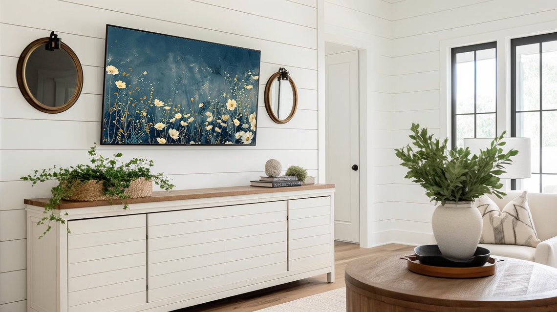 White Wildflowers Night Sky Dark Teal Botanical Floral Wall Art - Image 2