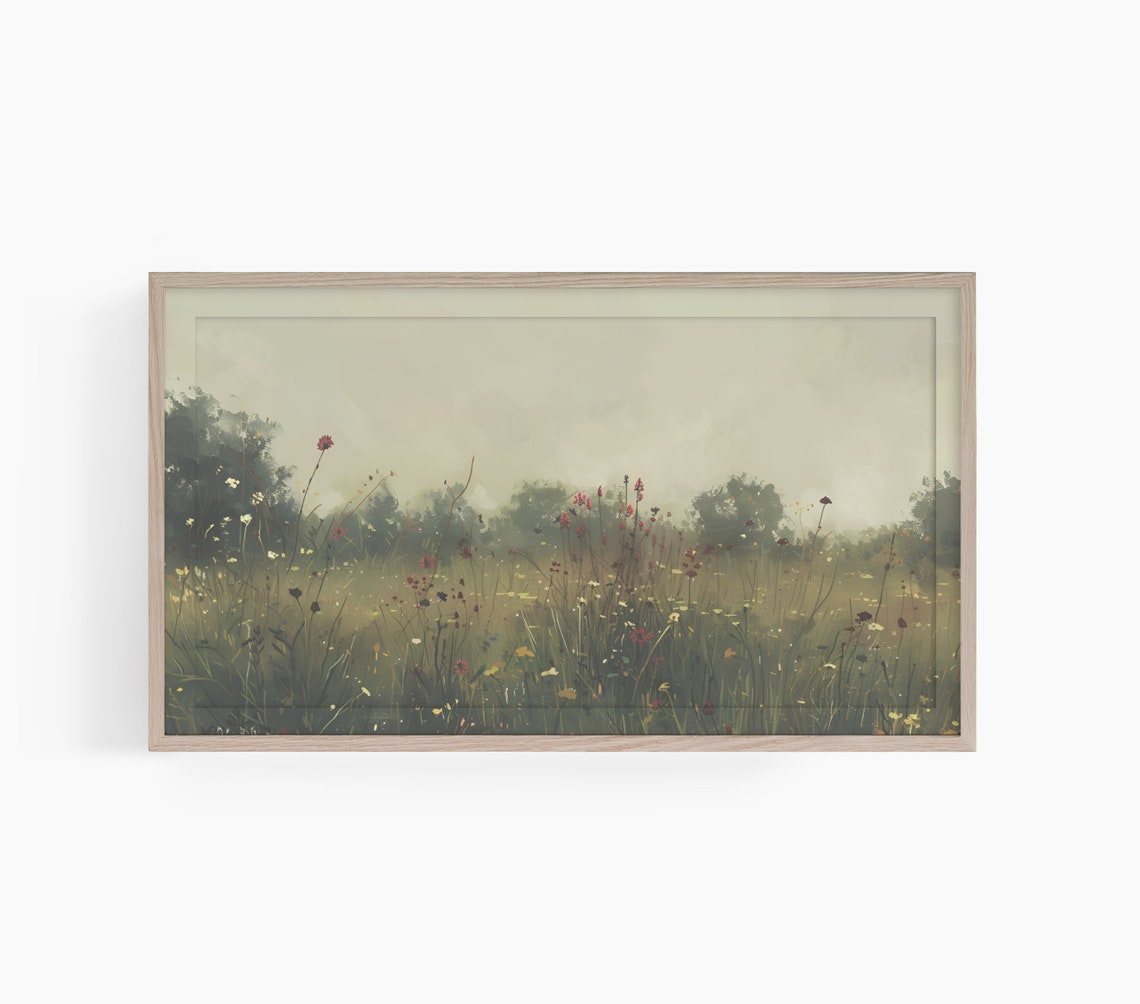 Moody Wildflower Meadow Misty Country Field Landscape Poster