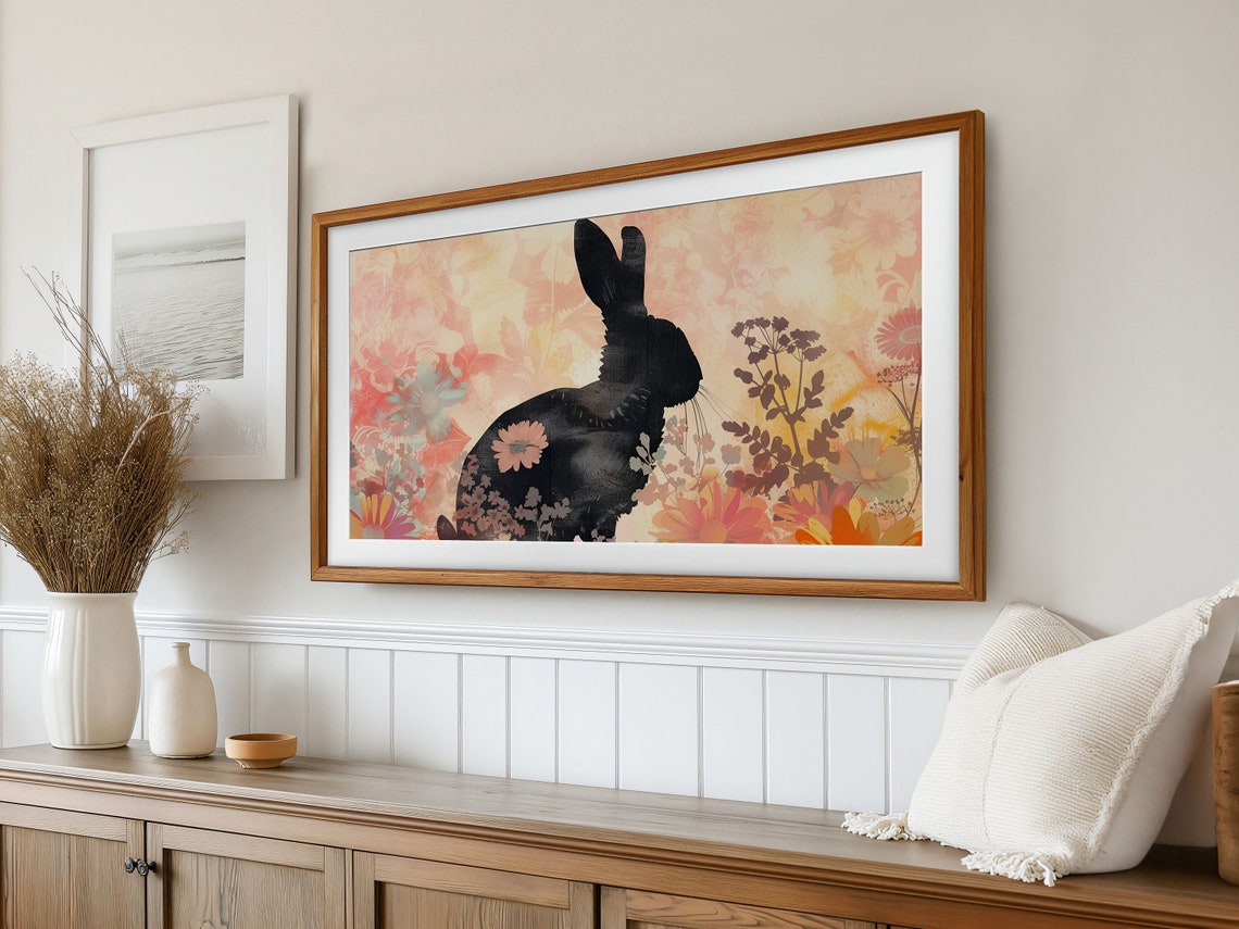 Black Bunny Silhouette Vintage Floral Spring Easter Wall Art - Image 2