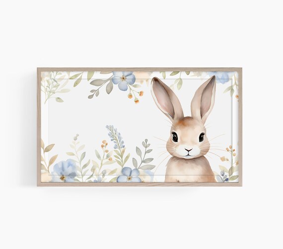 Bunny Rabbit Watercolor Blue Wildflower Spring Nursery Poster