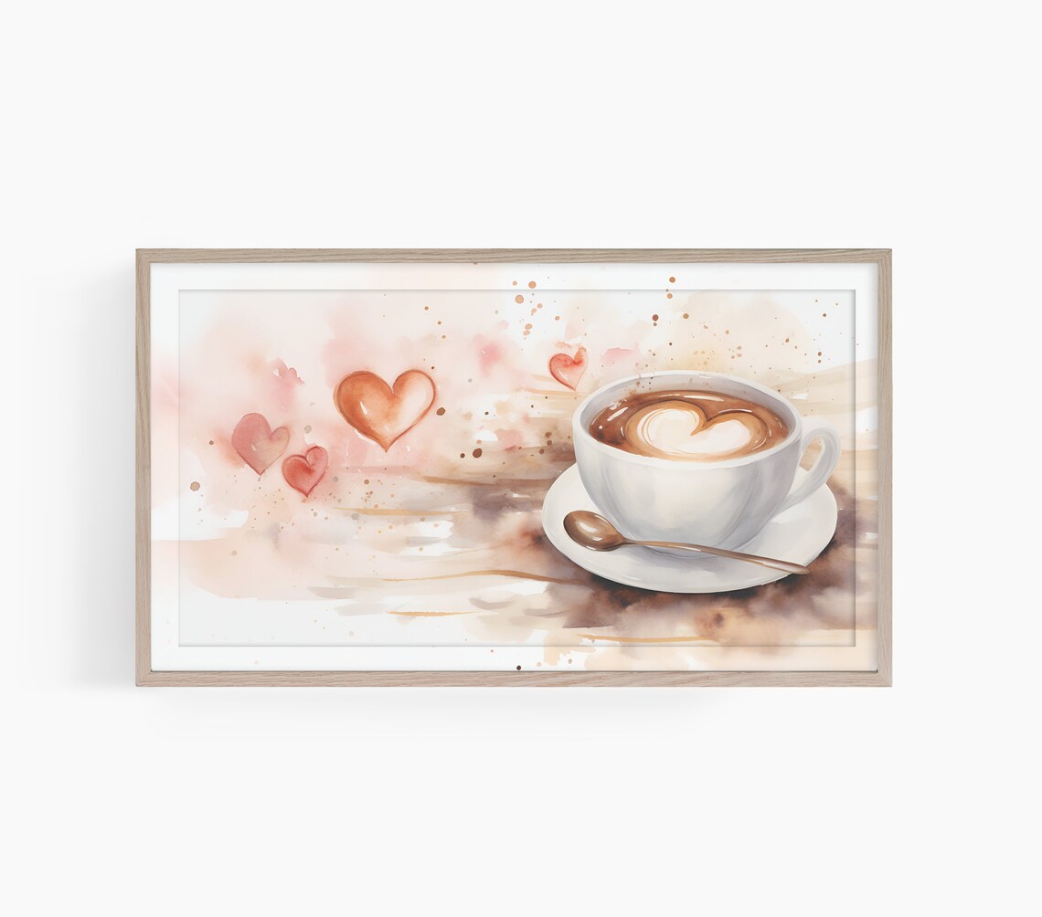 Love And Coffee Watercolor Cup Heart Latte Art Cozy Wall Art
