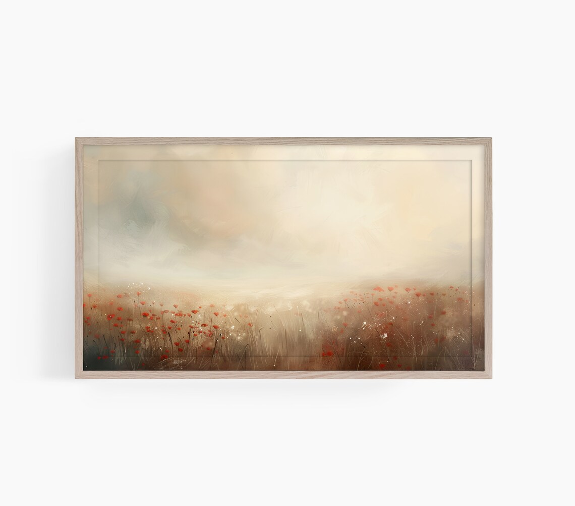 Red Wildflowers Misty Beige Field Minimal Floral Landscape Poster