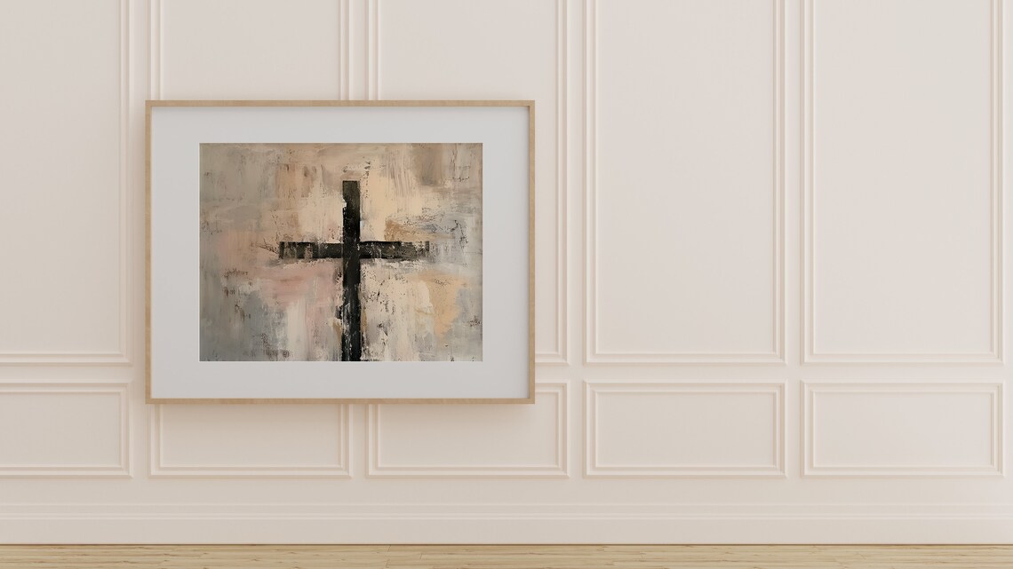 Abstract Cross Neutral Beige Modern Christian Faith Wall Art - Image 2