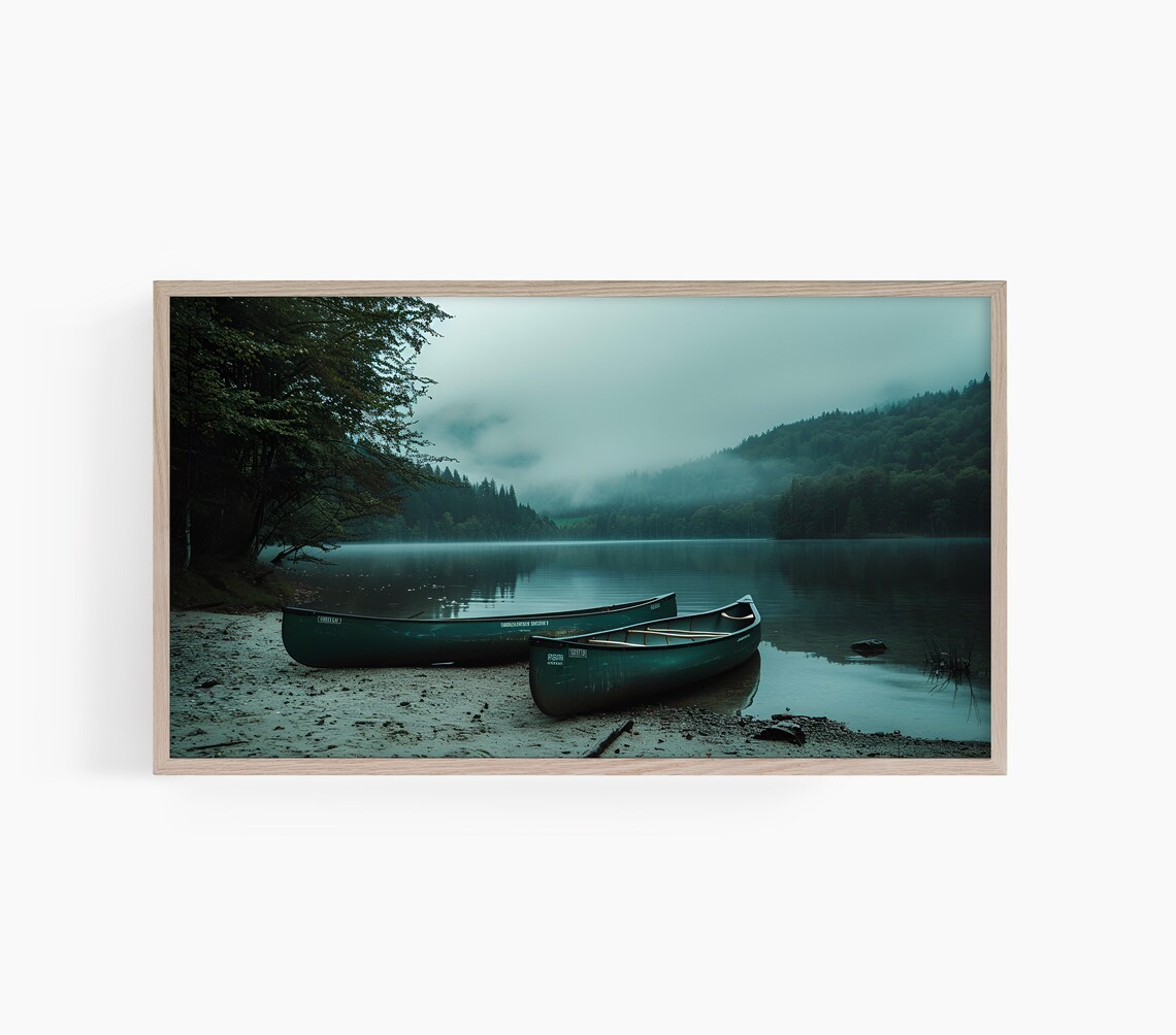 Misty Lake Canoes Moody Forest Mountain Landscape Photo Poster