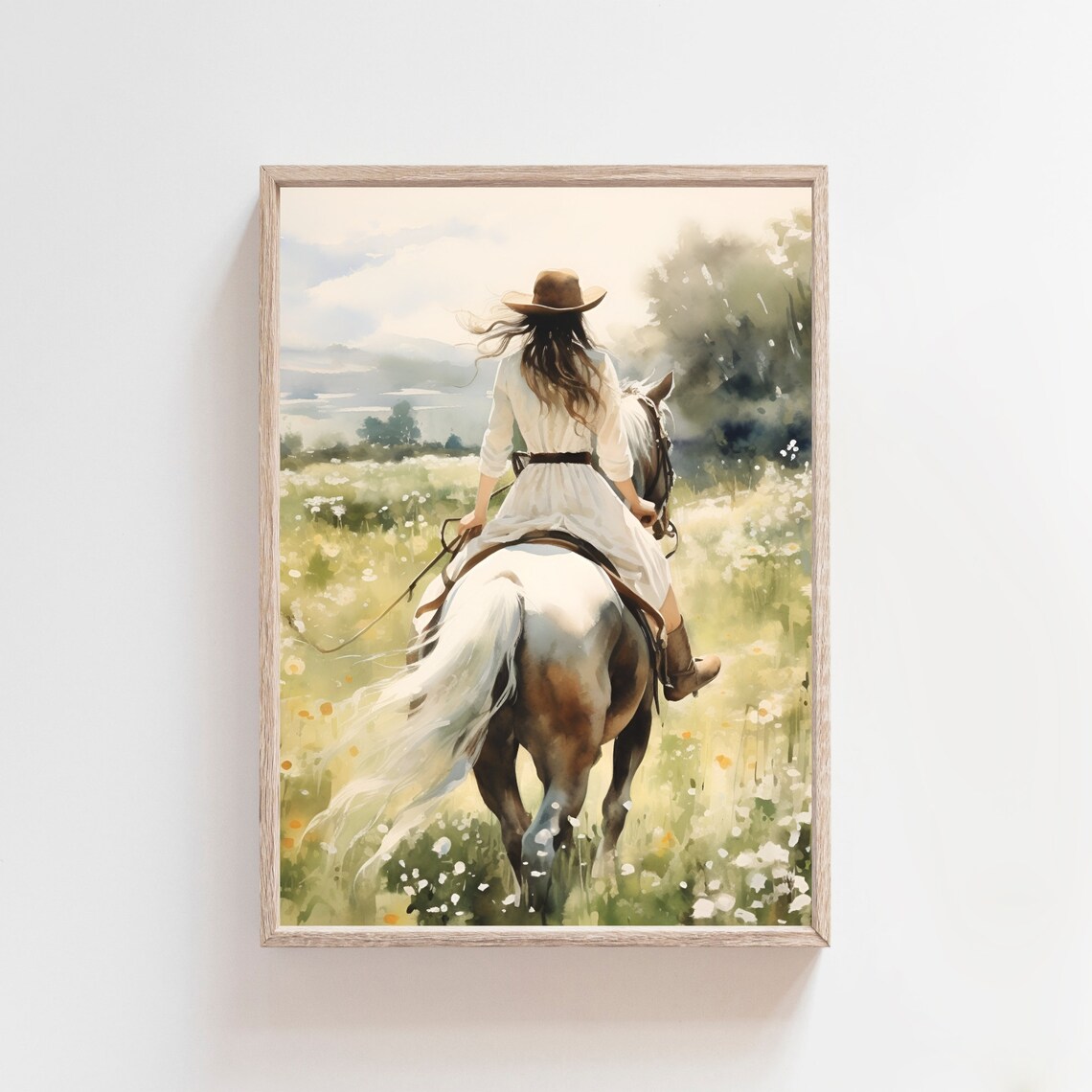 Cowgirl In White Dress Riding White Horse Meadow Watercolor Wall Art - Image 3