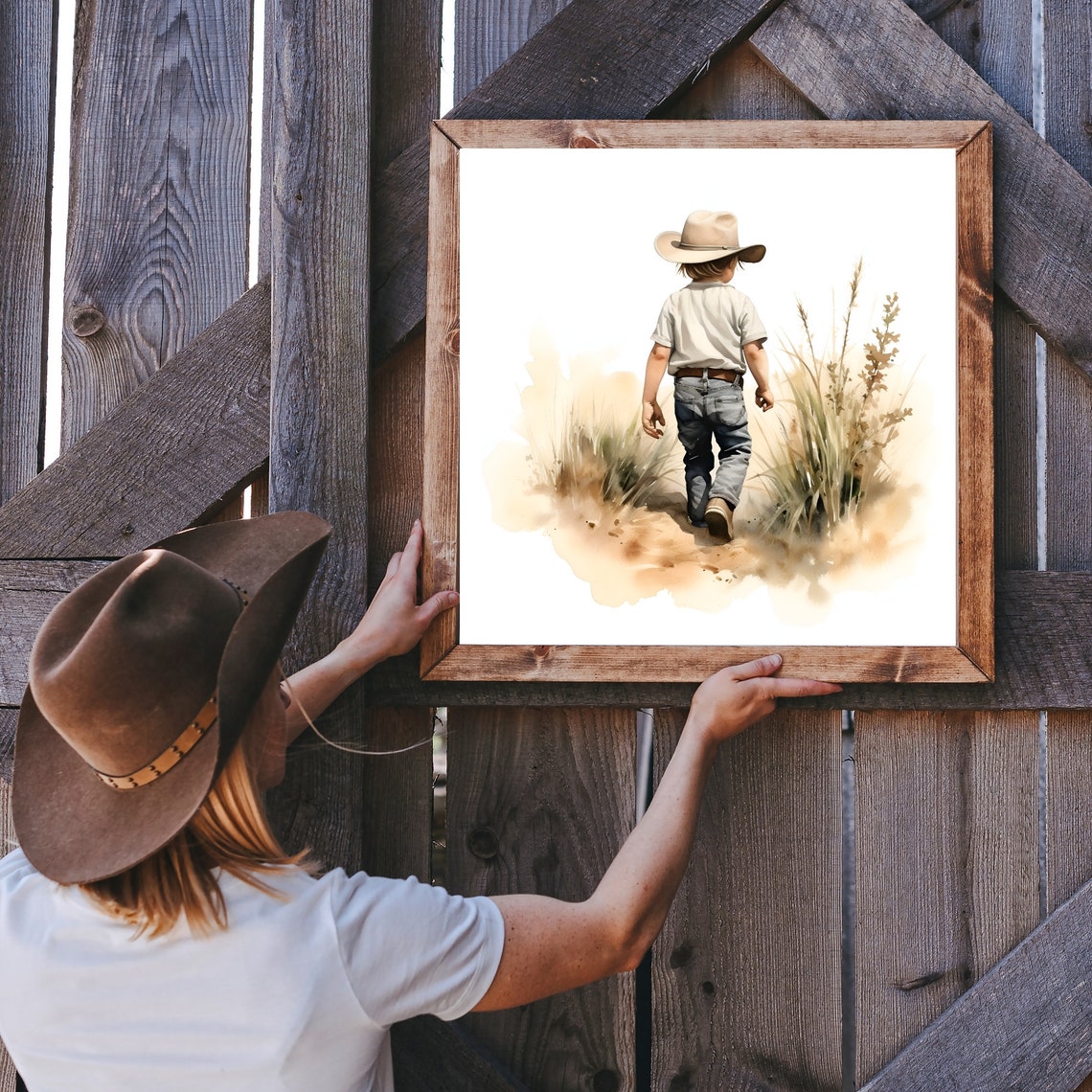 Little Cowboy Boy Walking Desert Trail Watercolor Nursery Wall Art - Image 2