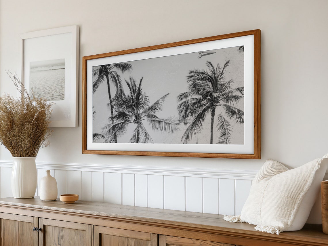 Black and White Palm Trees Over a Sandy Beach Aerial Photo Poster - Image 3
