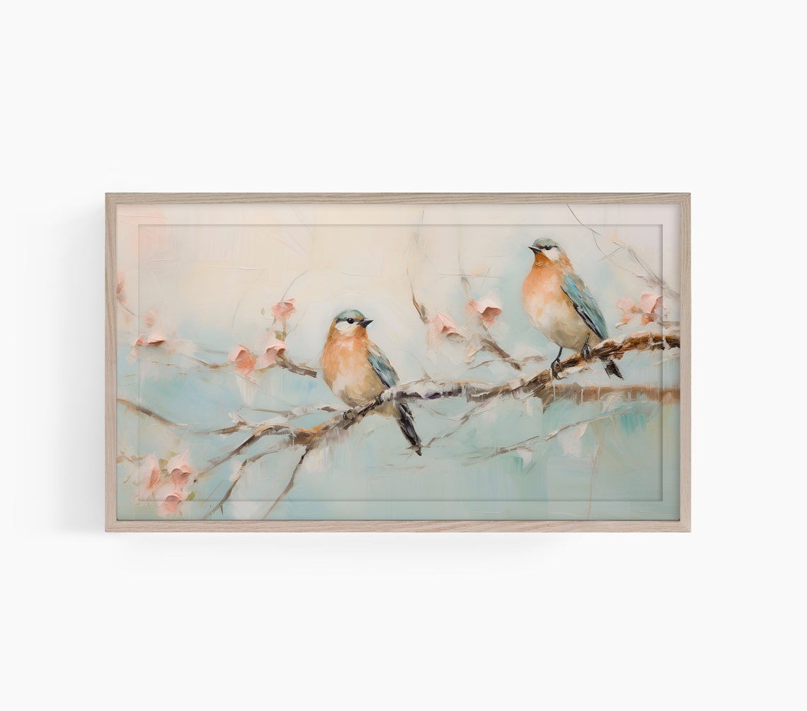 Two Songbirds On Blossoming Branch Soft Pastel Spring Painting Poster