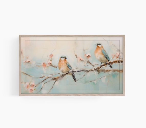 Two Songbirds On Blossoming Branch Soft Pastel Spring Painting Poster