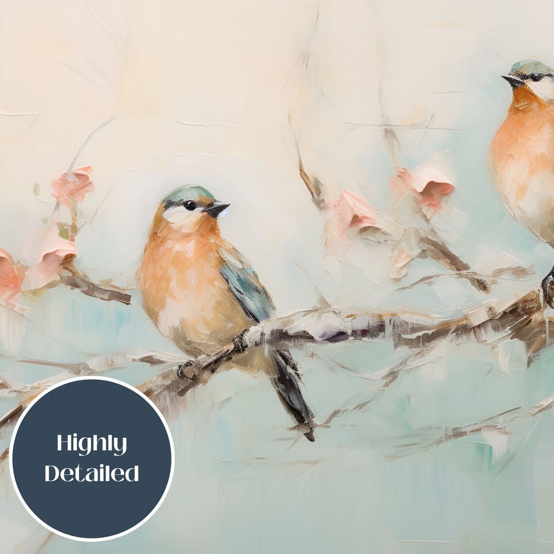 Two Songbirds On Blossoming Branch Soft Pastel Spring Painting Poster - Image 3