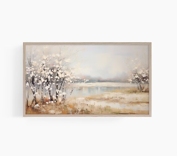 White Blossom Trees Lake Serene Impressionist Landscape Poster