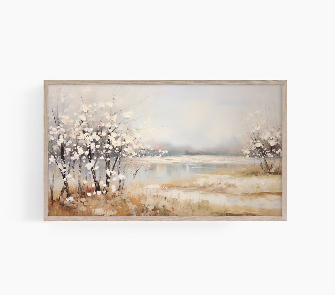 White Blossom Trees Lake Serene Impressionist Landscape Poster