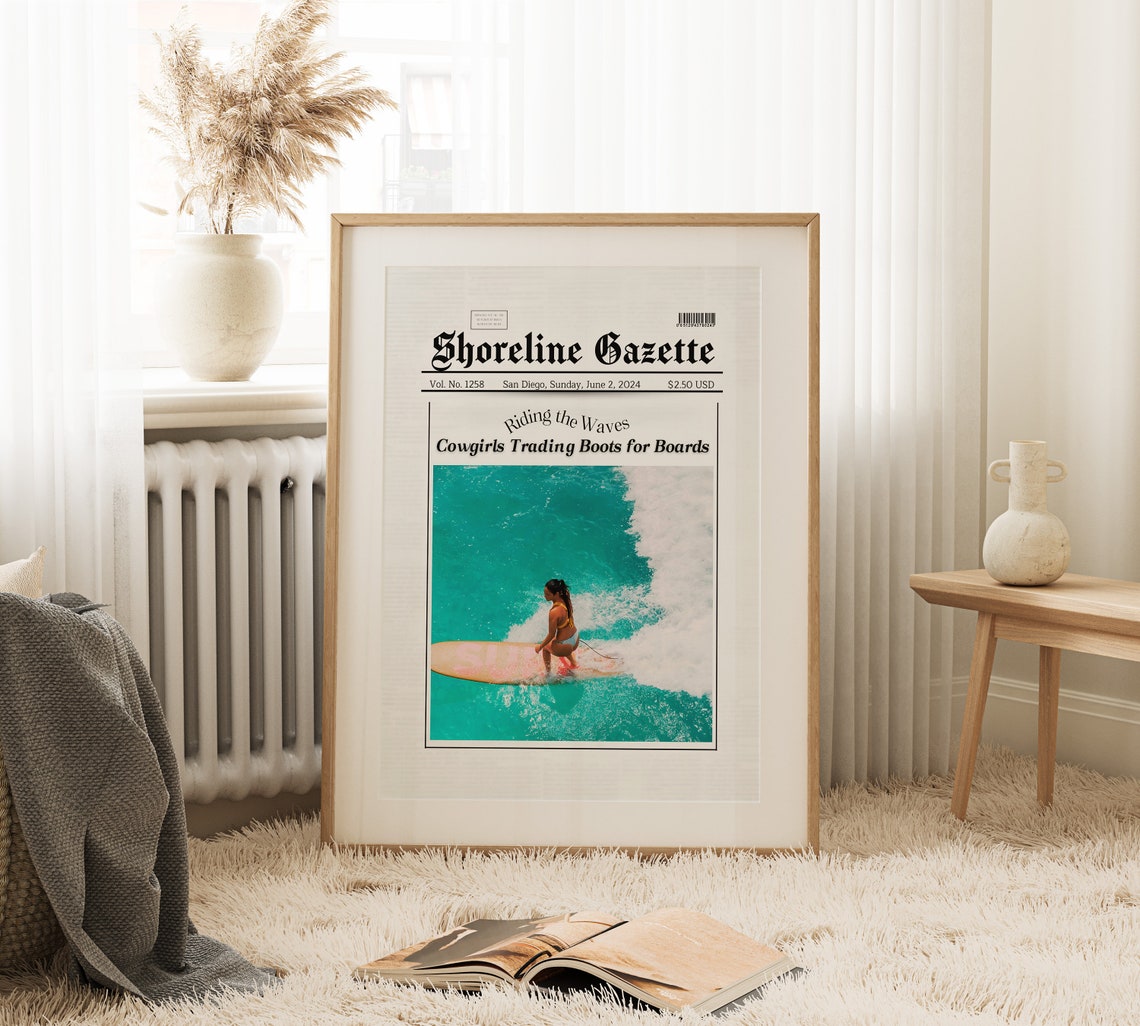 Shoreline Gazette Cowgirl Surfer Newspaper Surfing Art Poster - Image 3