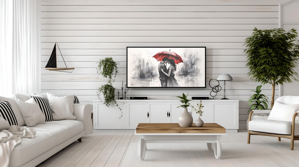 Romantic Couple Under Red Umbrella Rainy City Watercolor Wall Art - Image 3